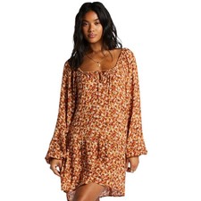 Billabong Lucky You Boho Mini Dress Floral Ditsy Orange Long Sleeve Womens Small