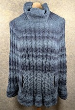 Hand Knit Poncho Cape Blue Wool Blend Cowl Neck Handmade Cozy Cable One Size