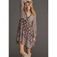ANTHROPOLOGIE Tiered V Neck Long Sleeve Mini Dress Small S