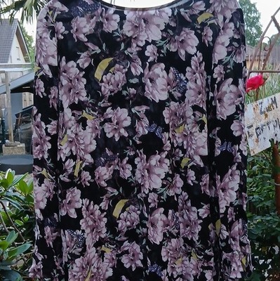 H&M Damen Abendkleid Midi schwarz rosa/grün Blumen Langarm Rundhals Gr. 42