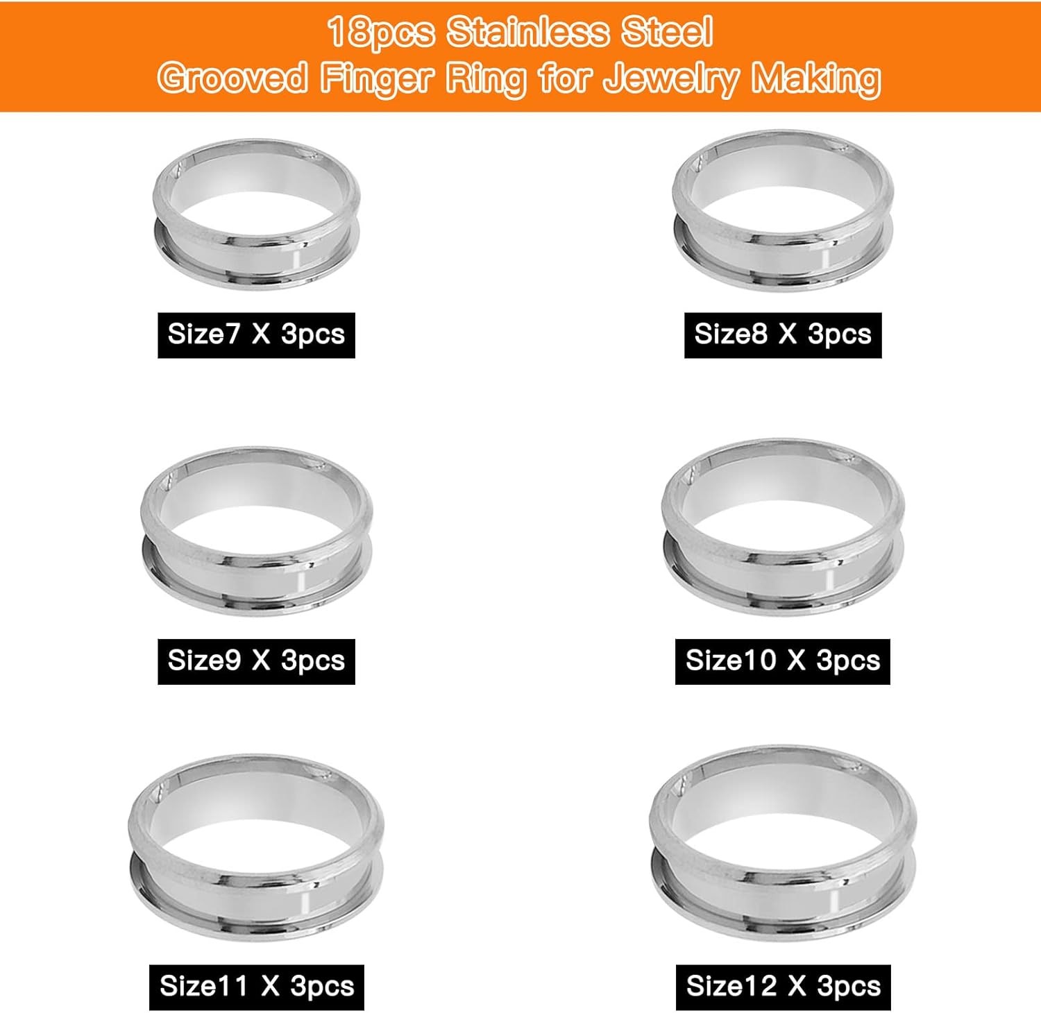 Finger Rings Stainless Steel Set 18 Pcs Grooved Jewelry Craft Making