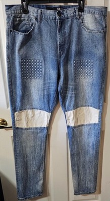Rocawear BLAK Slim Fit Studded Contrast Panel Blue Denim Jeans for Men Size 40