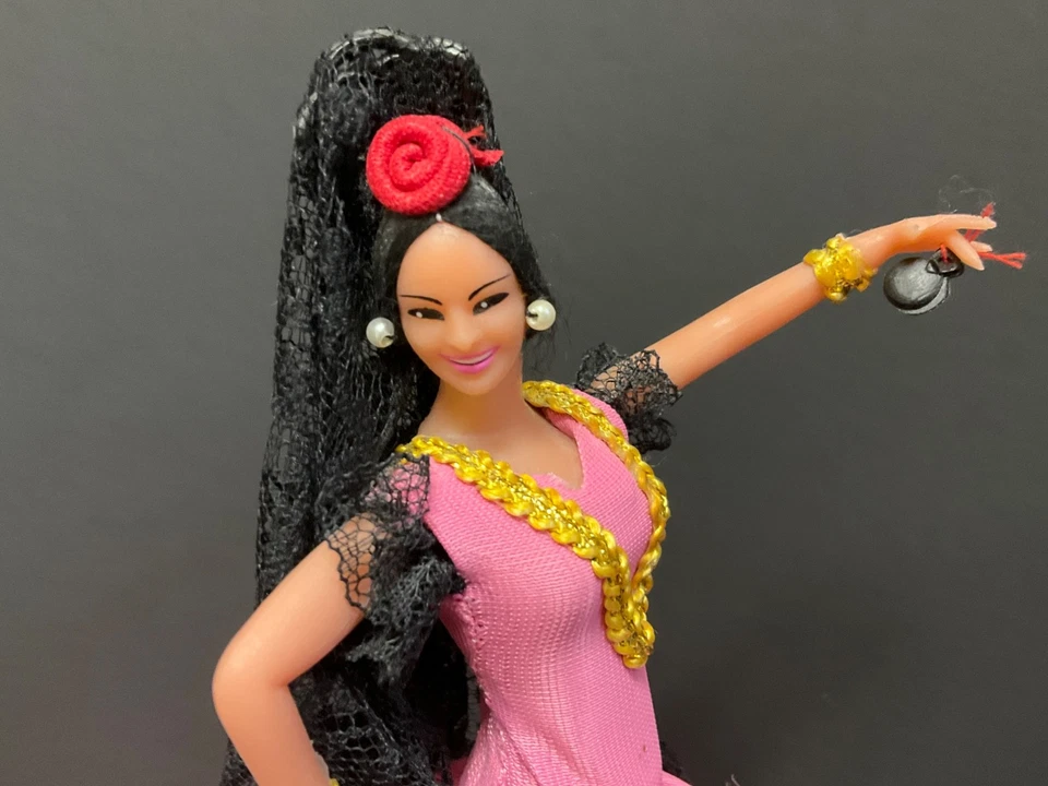 Vintage Spanish Marin Chiclana Doll Flamenco Dancer Pink Dress Fan 8” Tall - Image 2 of 4