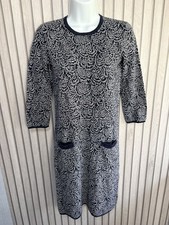 Hobbs London Navy Pattern Knit Dress UK 6 Three Quarter Sleeve