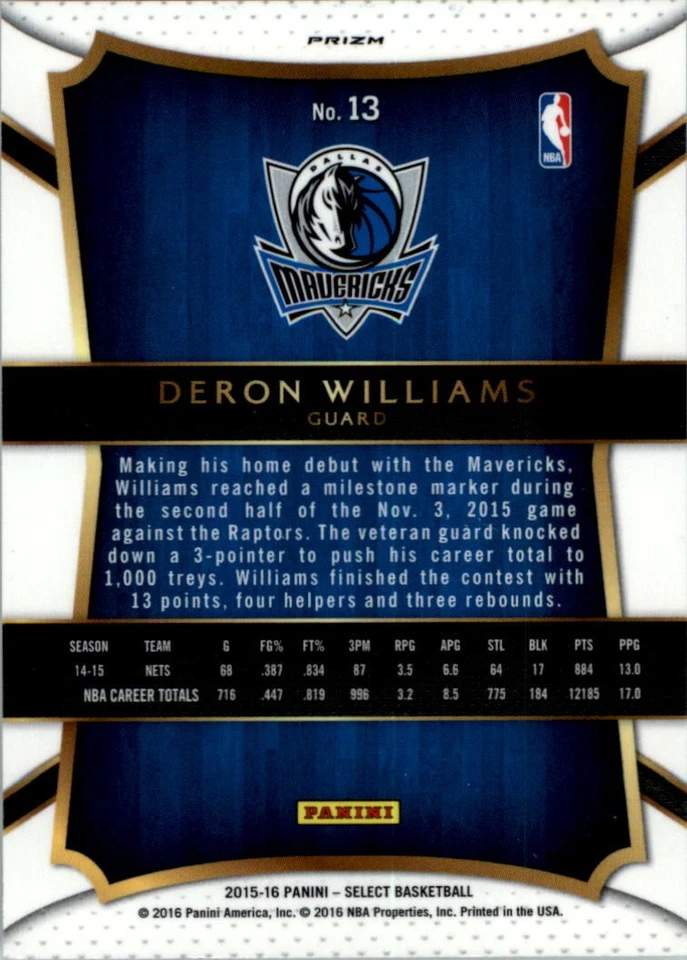 2015-16 Select Prizms Silver #13 Deron Williams CON - BSK - Image 2 of 2