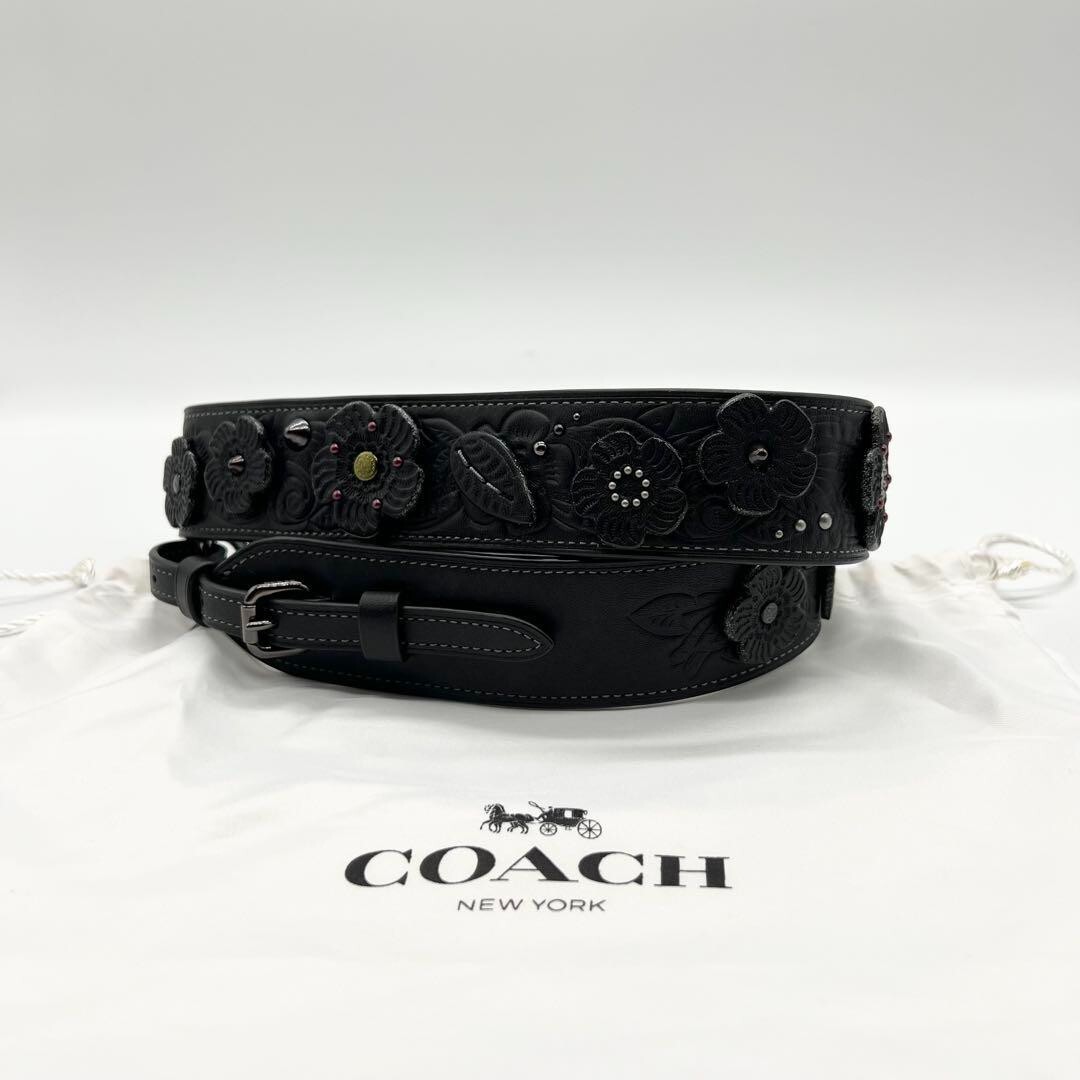 COACH Black Glovetanned Leather Tea Rose Novelty Strap Only 87293