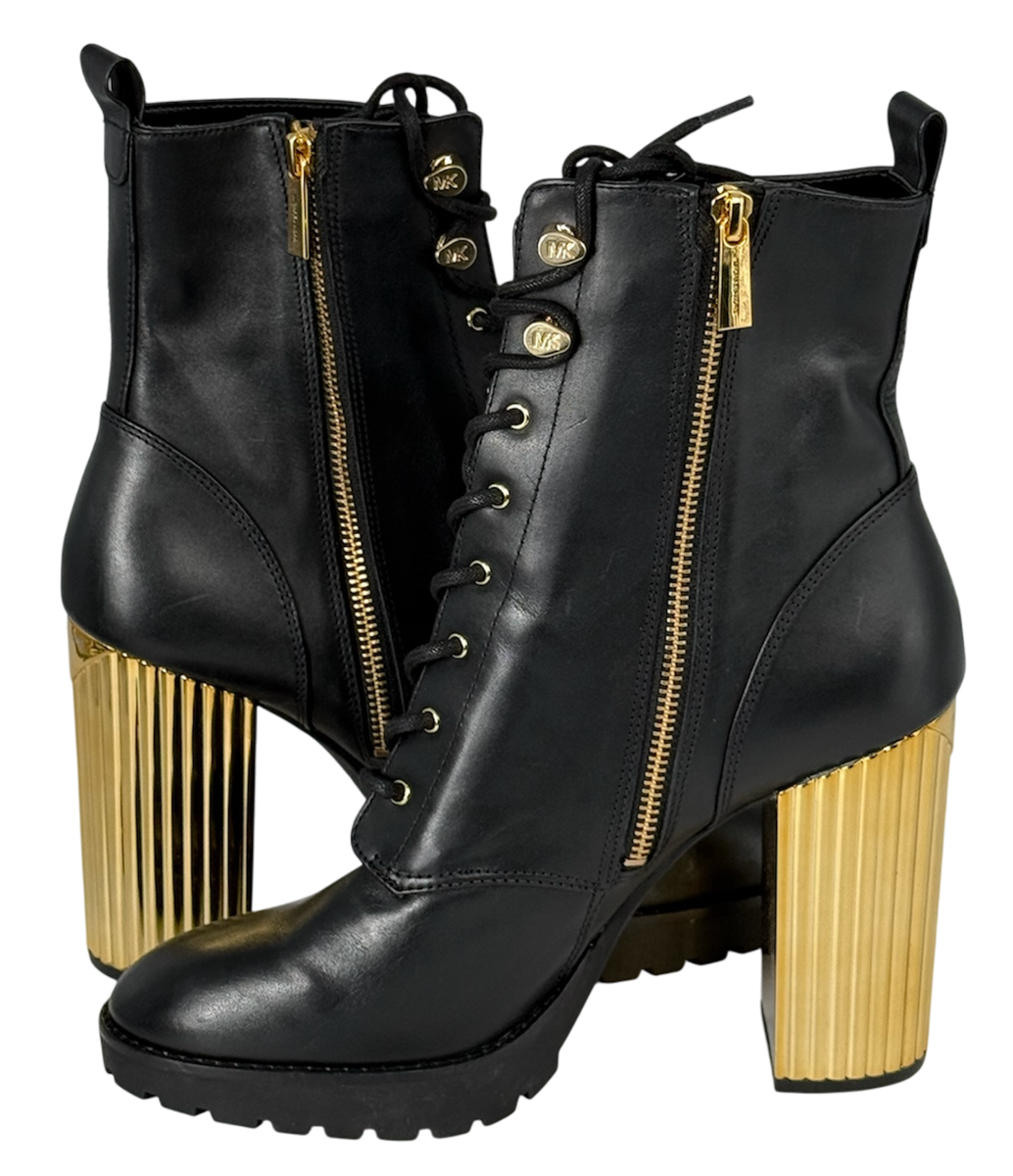 NEW MICHAEL KORS BLACK PORTER LEATHER LACE UP ZIP GOLD HEEL