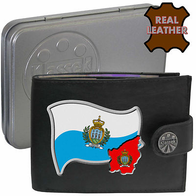 San Marino Flagge Karte und Emblem weiches Echtleder Geldbörse Herren Geschenk Dose RFID