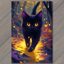 STICKER Black Cat Green Eyes Lying on Colorful Psychedelic Kitty Halloween