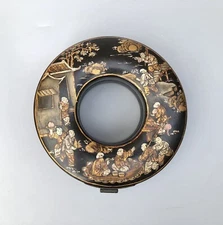 Vintage Chinese Lacquered Wood Round Donut Necklace Trinket Sewing Storage Box