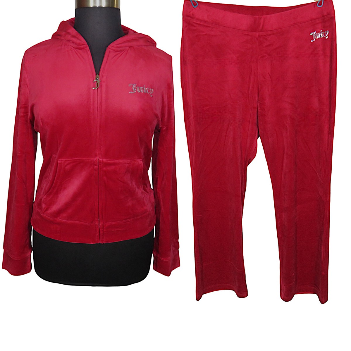 Juicy Couture Red Logo Y2K Bling Velour Tracksuit Hoodie And Pants
