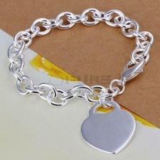 Flat Heart Tag 925 Sterling Silver Round Link Chain Silver Charm Bracelet Gift