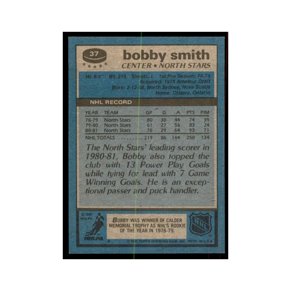 1981 Topps Bobby Smith Hockey Cards #37 - Image 2 of 3