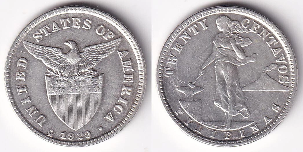 (稀少な状態)アメリカ合衆国統治下　フィリピン　20センタボ銀貨　1929 M 1929 Year Philippine Coins for sale | eBay