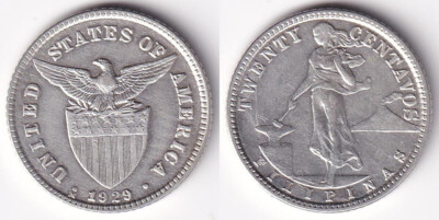 1929-M US Administration Philippines 20 CENTAVOS Silver Coin - Stock #D58