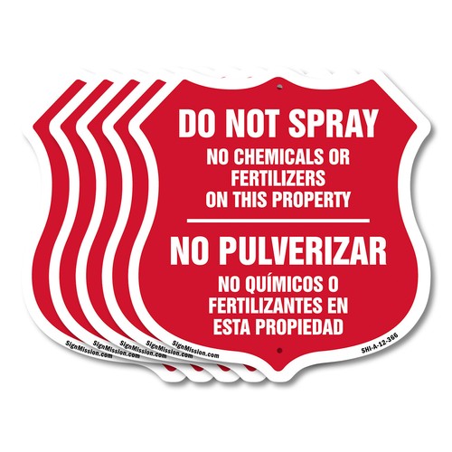 Letrero bilingüe sin protección contra pulverización No rocíe Sin productos químicos ni escudo en forma de letrero