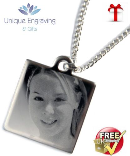 Personalised Photo/Text Engraved Square Necklace Pendant . - Picture 1 of 8