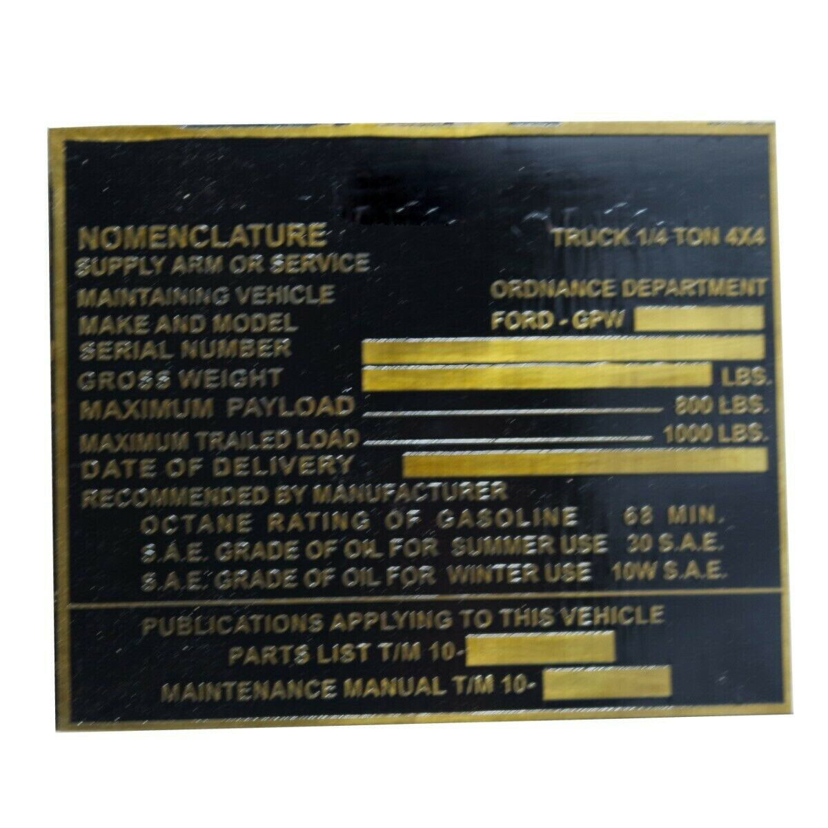 Nomenclature Transmission Chassis Speed Data Plate Kit For Ford MB GPW ...