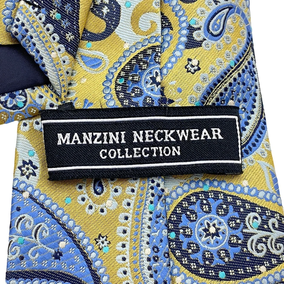 Corbata Manzini Para Hombre Amarillo Azul Estampado Paisley Poliéster Abstracto Corbata Foto 4 de 4