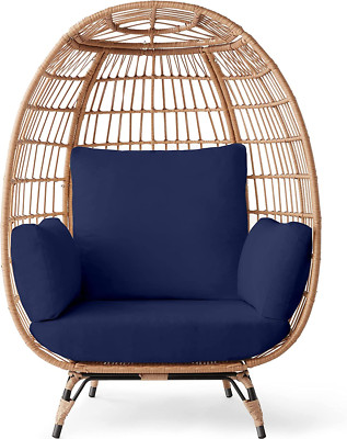 Oversized Wicker Egg Chair with 4 Cushions, 440Lb Capacity - Navy Blue