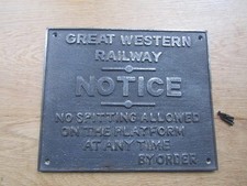 12" GWR RAILWAY PLATFORM Notice plate Rustic cast iron Wall door sign plaque