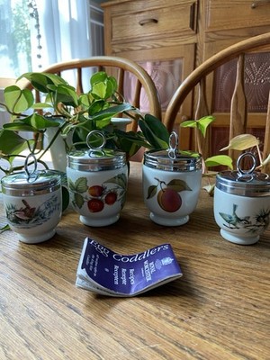 Vintage Lot of 4 Royal Worcester egg coddlers STRAWBERRY PEACH & BIRDES England