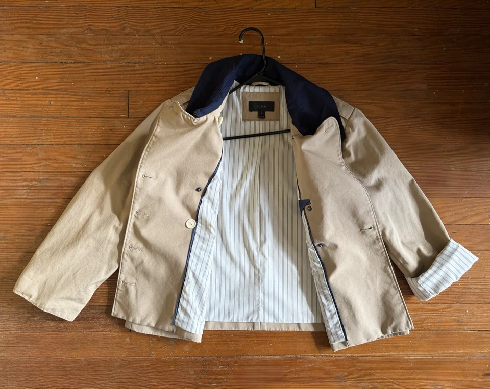 J.Crew Khaki Cropped Cotton Trench Coat With Built-In Navy Striped Sleeves 16 - Image 2 of 4