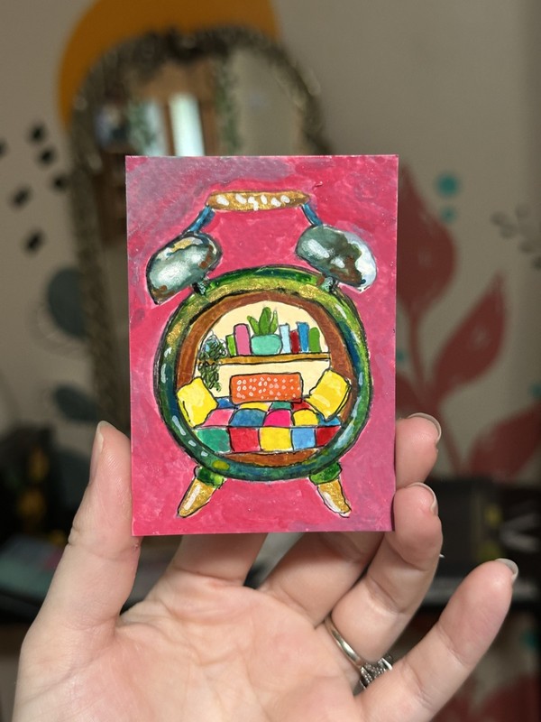ACEO Original Alarm Clock Cozy Reading Nook, Gouache Painting 2.5x3.5