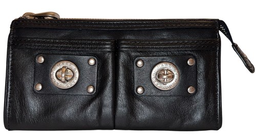 Marc By Marc Jacobs Double Turnlock Zip Around Wallet Black Leather Logo Interio