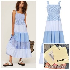 NWT Sandro Paris TROPEA Tiered Maxi Dress Patchwork Cotton Poplin Blue 38 Medium
