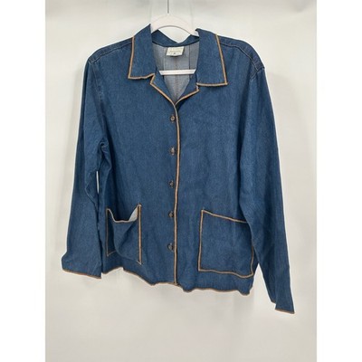 Click by Color Me Cotton Women Denim Tencel Button Up Jacket Medium Brown Trim