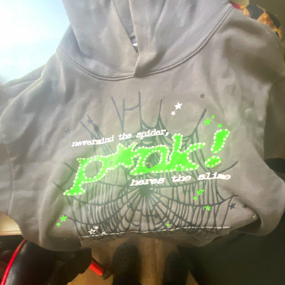 sp5der Gray Pullover Hoodie S Graphic Print Web Logo Pockets Drawstring