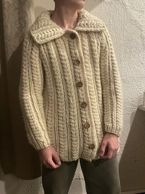VINTAGE Hand-Knitted Wool Chunky grandma core Fisherman cowichan Sweater coat - Image 1 of 4
