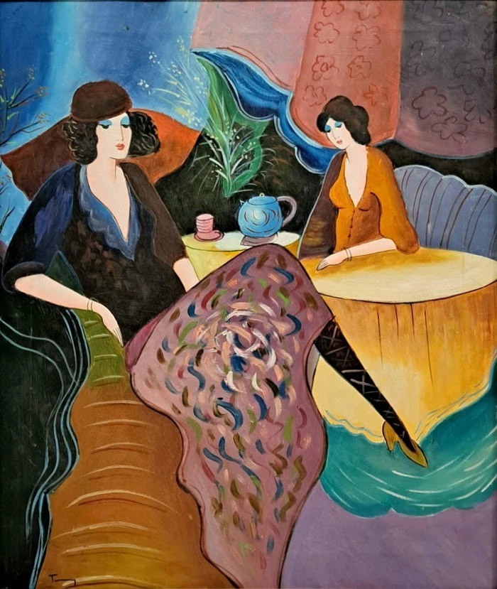 Itzchak Tarkay - Pintura al óleo original - Mujer en el vestido multicolor en el té Foto 3 de 4