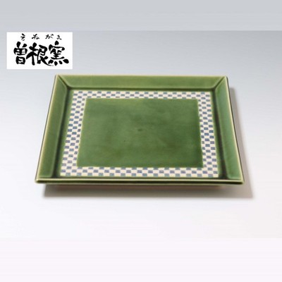 Japanische handgefertigte Seto Ware Oribe Ichimatsu Muster quadratischer Tell...
