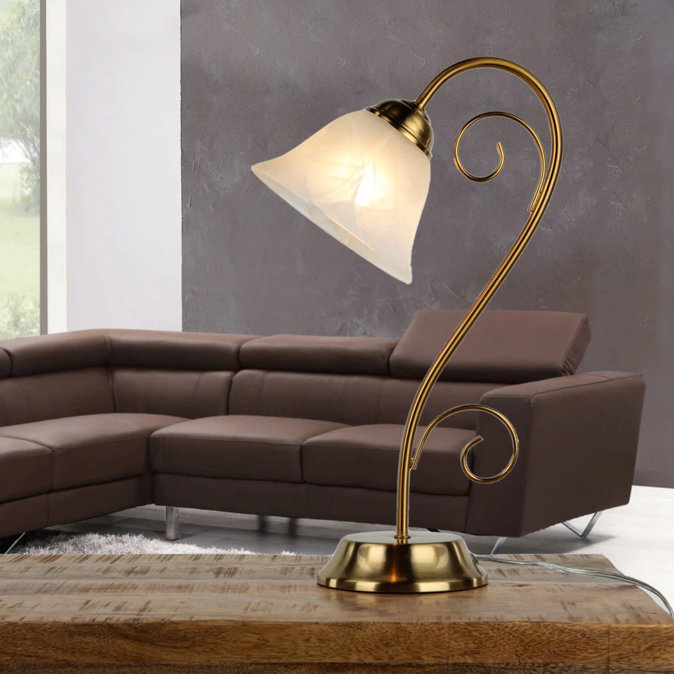 Tischleuchte in Messing 43 cm Glas Schirm E14 Nachttisch Schreibtisch Lampe