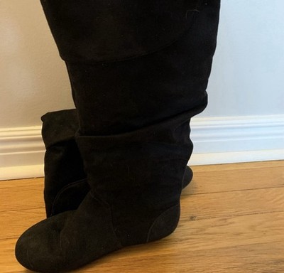 Lower East Side Black Suede Knee High Fold-Over Slip-On Wedge Boots 7.5