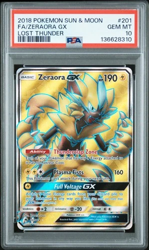 2018 POKEMON SUN & MOON LOST THUNDER #201 FULL ART/ZERAORA GX PSA 10