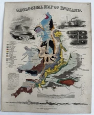 England Geological map 1849 Reynolds hand colored rare decorative coal mines