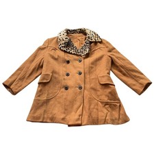 Vintage coat Womens large tan brown faux fur leopard print collar peacoat ILGWU
