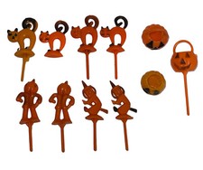 Lot of 11 Vtg Plastic Halloween Picks Cake Toppers Witch Pumpkin Cat Hong Kong