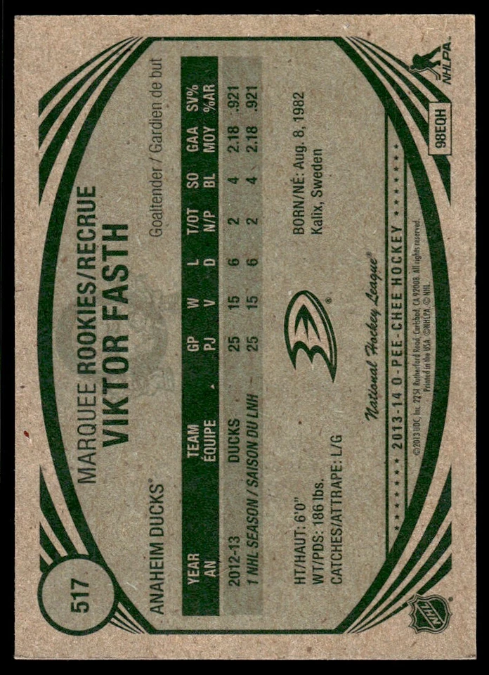2013-14 O-Pee-Chee RETRO Viktor Fasth Rookie Anaheim Ducks #517 R49 - Image 2 of 2