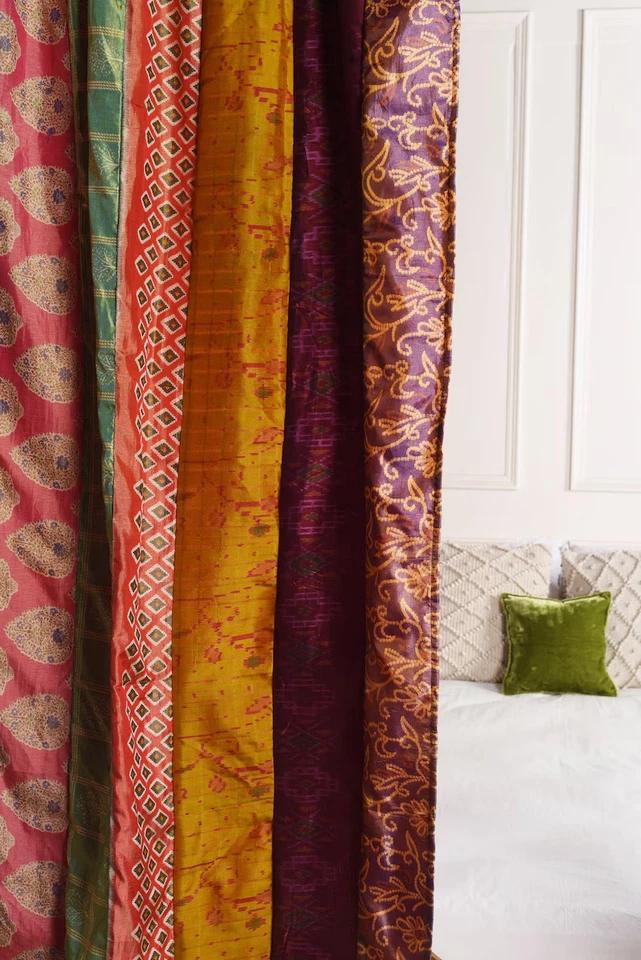2 Pcs Indian Sari Patchwork Curtain Drape Window Decor Multi Silk Sari Curtain - Image 4 of 4