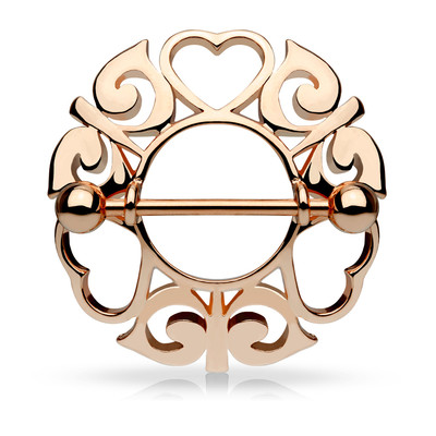 Pair of Hearts Tribal Nipple Shield Ring 14K Gold Plated Surgical Steel Barbell