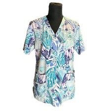 Carhartt Aqua and Purple Shell Pattern V-Neck Scrub Top Size M