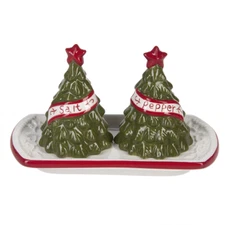 GANZ Christmas Trees Salt & Pepper Shaker Set with Tray 3  pc. set NEW ER5978