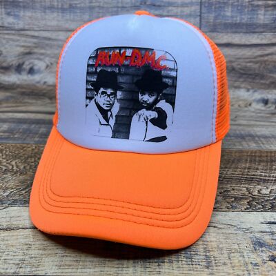 Run DMC Mens Trucker Hat Neon Orange 90s Hip Hop Rap Retro Baseball Cap