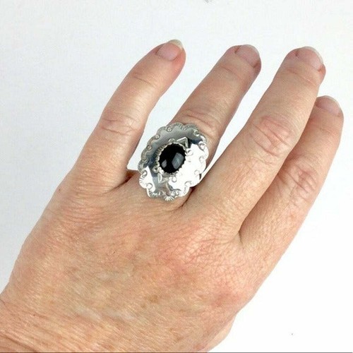 Navajo Sterling Silver Onyx Concho Ring - Picture 2 of 6