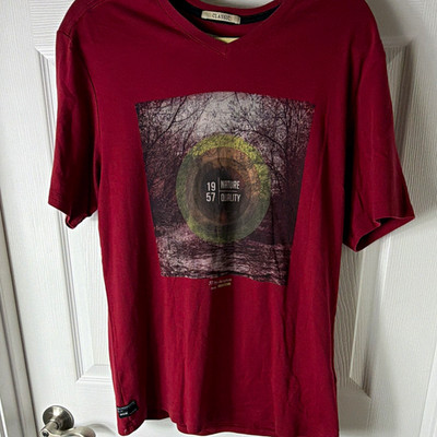 Chevignon Men s L Regular Burgundy V-Neck Graphic Nature Logo T-Shirt