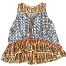 Patrons of Peace Women's Sleeveless Blouse Blue Paisley V-Neck Top Hi-Lo Size M